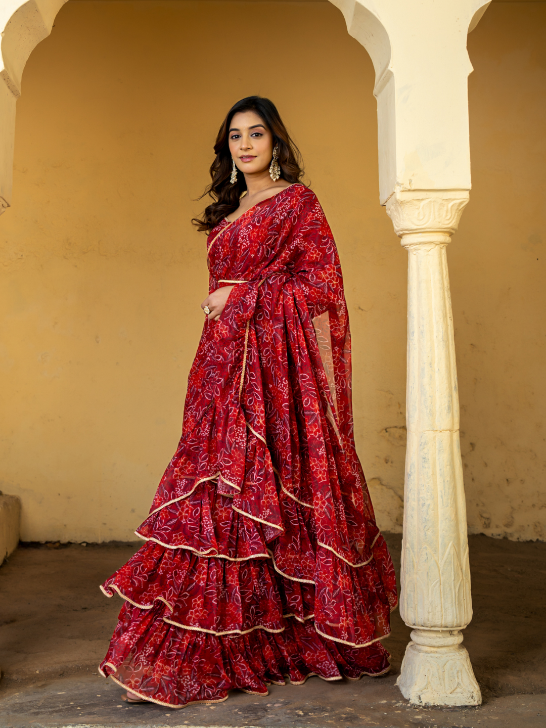 CRIMSON CHIFFON PRE-DRAPED SAREE