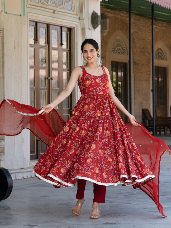 RED BLOSSOM COTTON ANARKALI SUIT SET