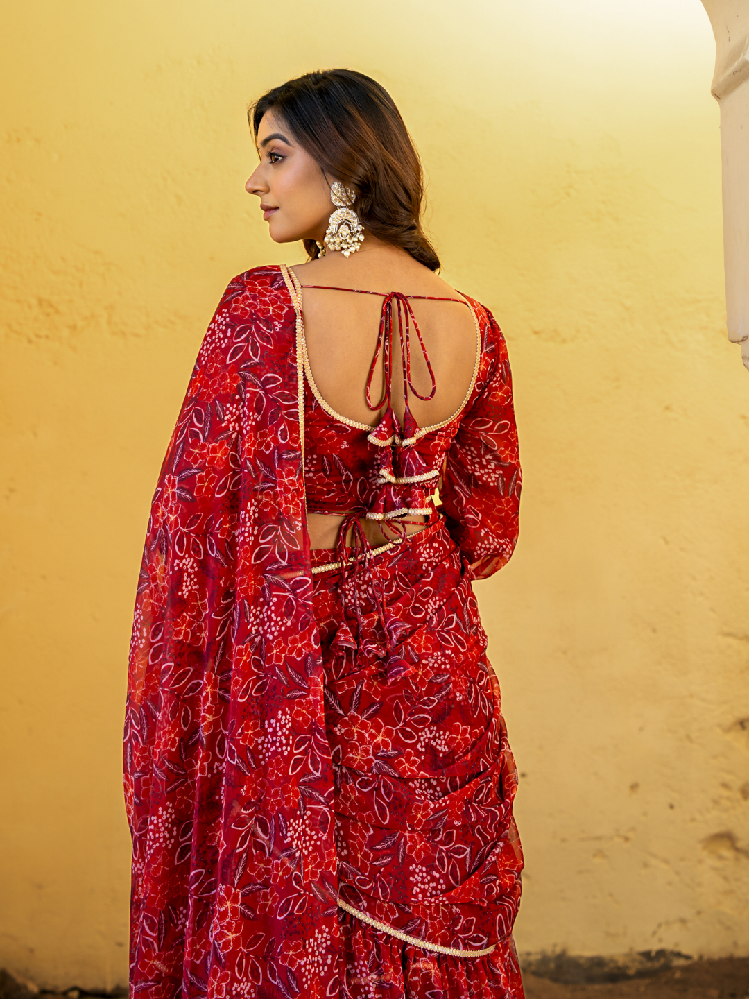 CRIMSON CHIFFON PRE-DRAPED SAREE
