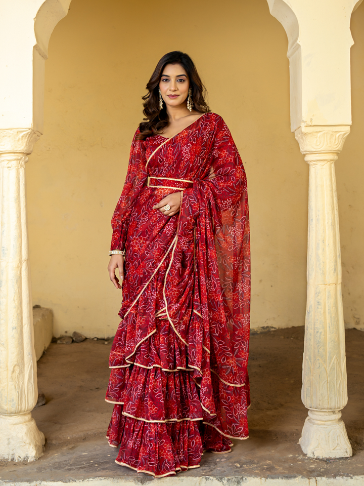 CRIMSON CHIFFON PRE-DRAPED SAREE