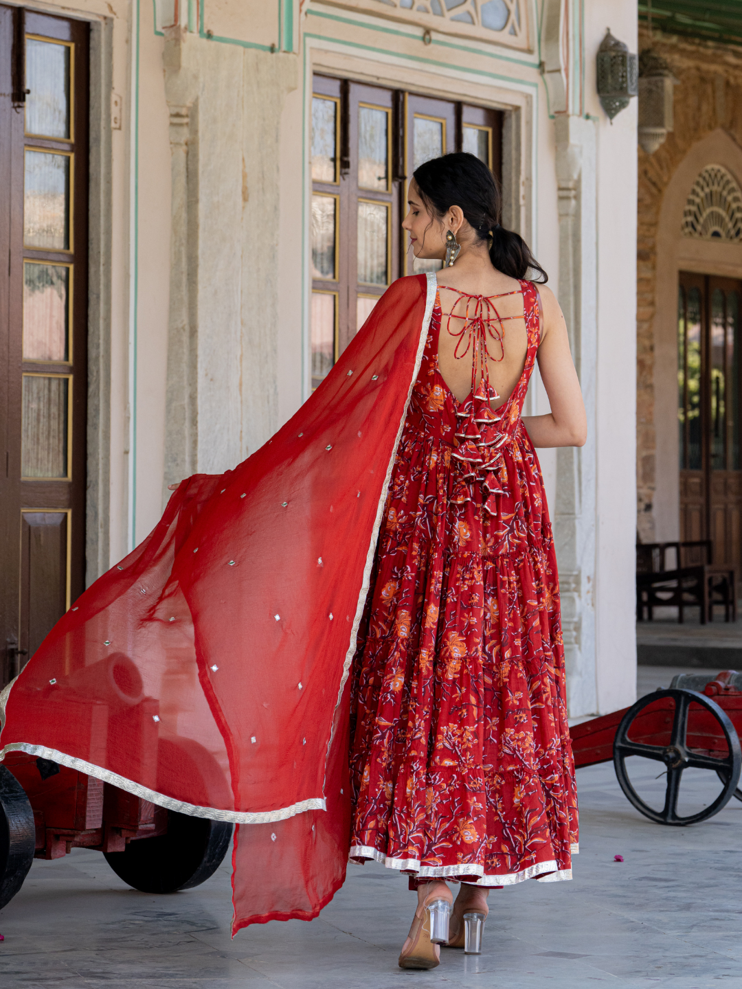 RED BLOSSOM COTTON ANARKALI SUIT SET