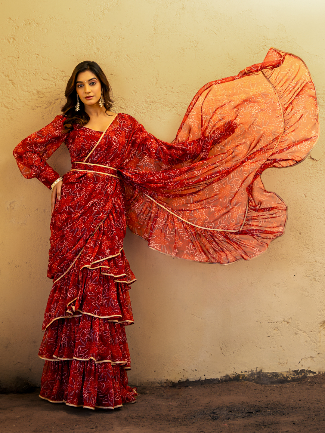 CRIMSON CHIFFON PRE-DRAPED SAREE