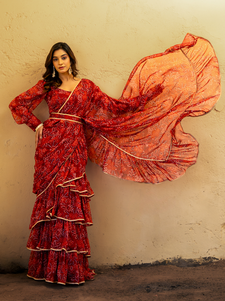 CRIMSON CHIFFON PRE-DRAPED SAREE