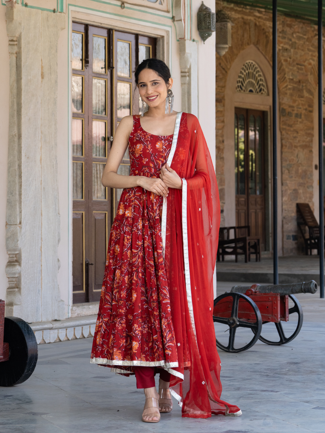 RED BLOSSOM COTTON ANARKALI SUIT SET