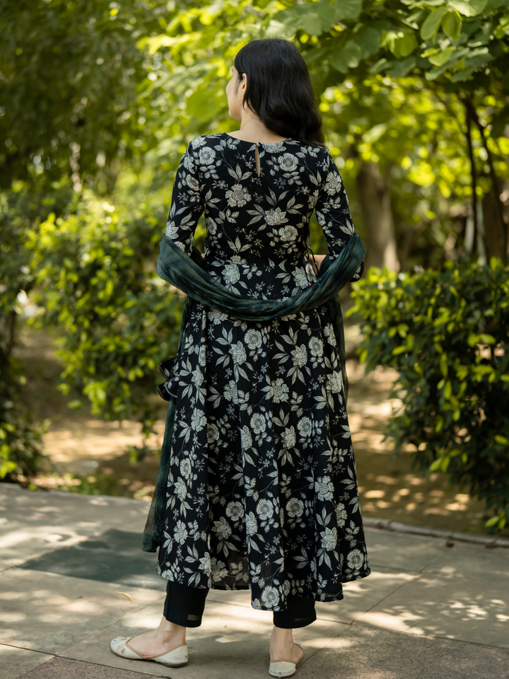 BLACK COTTON FLORAL SUIT SET