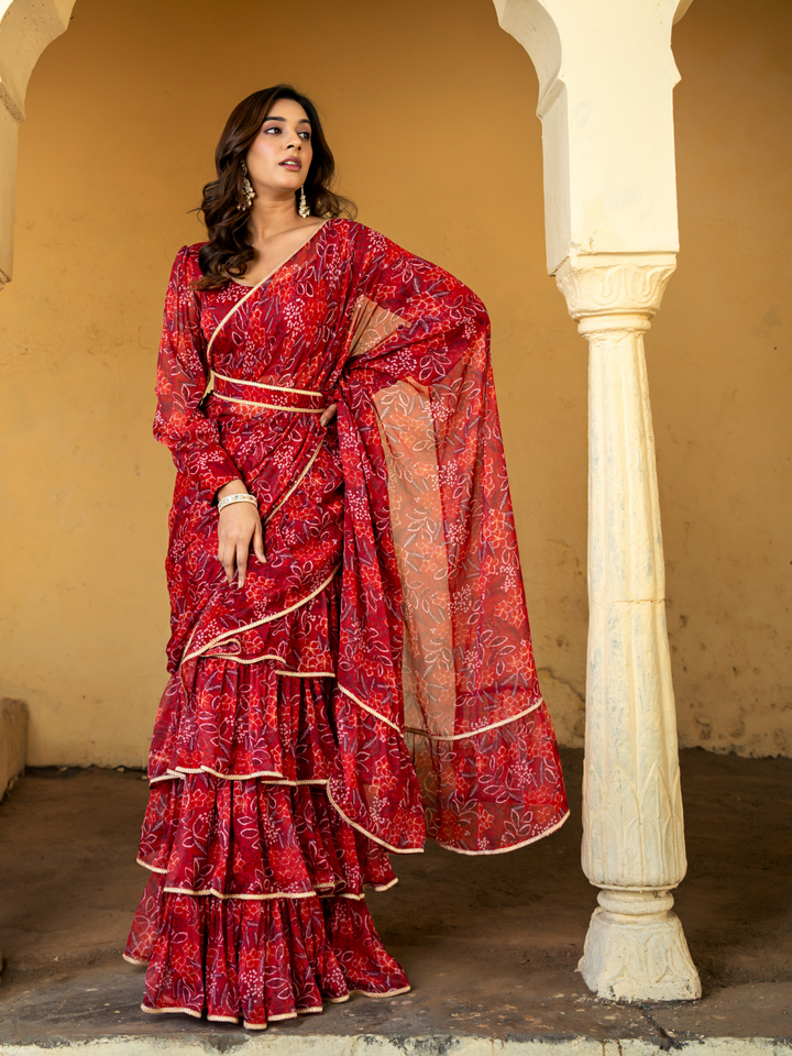 CRIMSON CHIFFON PRE-DRAPED SAREE
