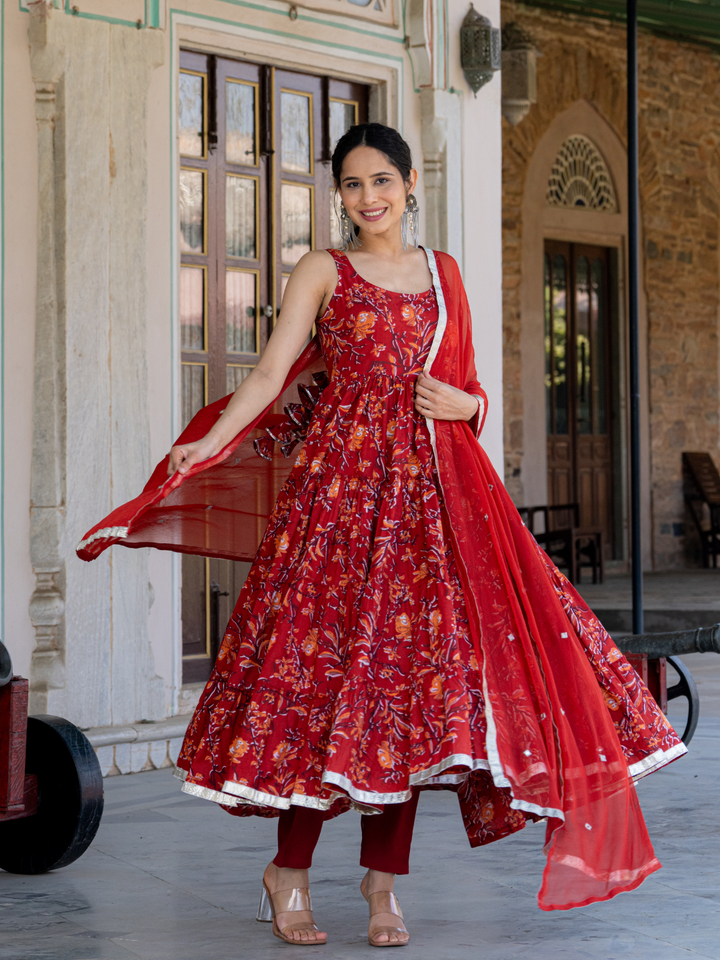 RED BLOSSOM COTTON ANARKALI SUIT SET
