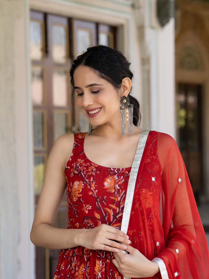 RED BLOSSOM COTTON ANARKALI SUIT SET