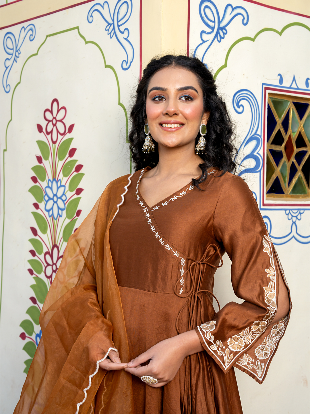 LUXE BROWN CHANDERI EMBROIDERY SUIT SET