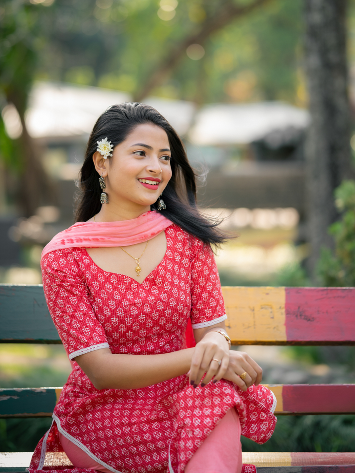 RED COTTON KANTHA KURTA SET