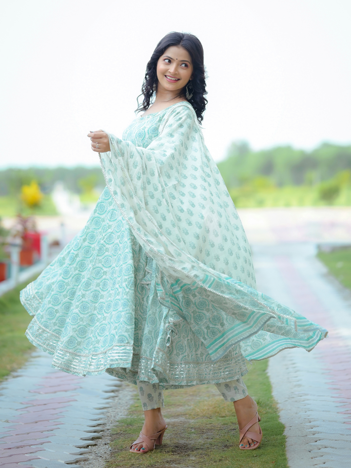 GREEN PRINTED GOTA SUIT SET