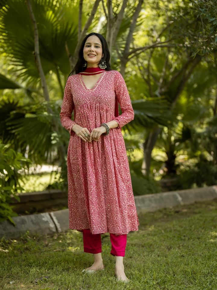 PINK COTTON FLARED KURTA SET