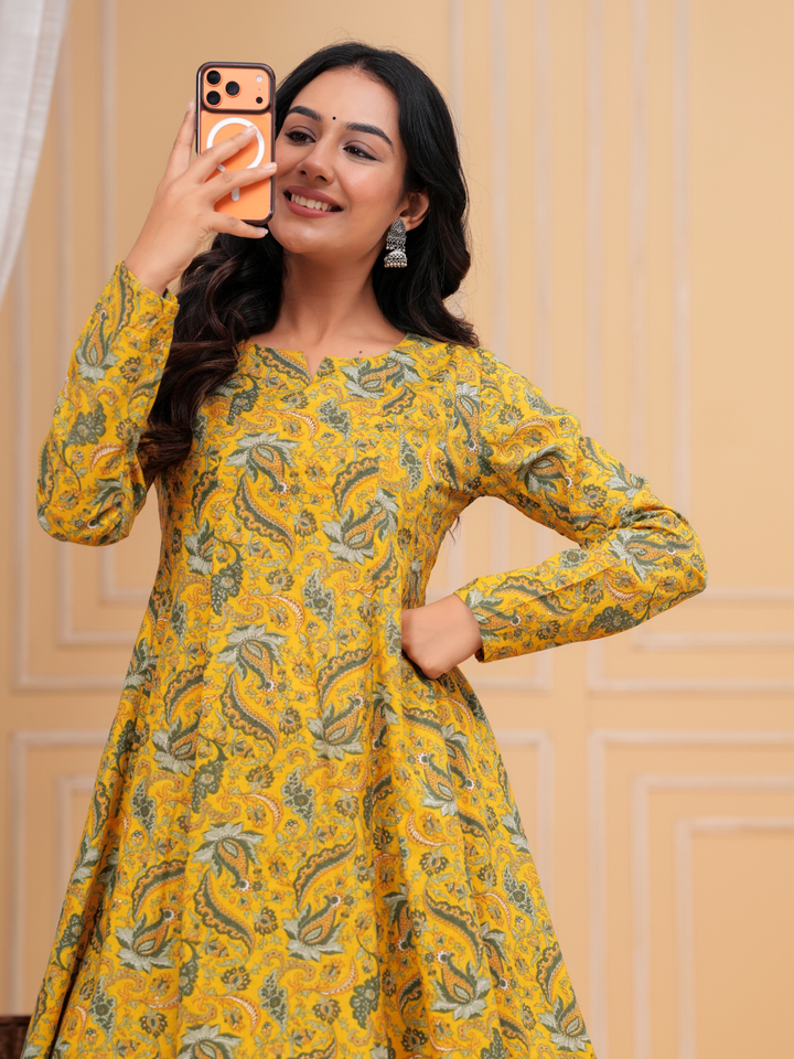 MUSTARD FLORAL ANARKALI FARSI SET