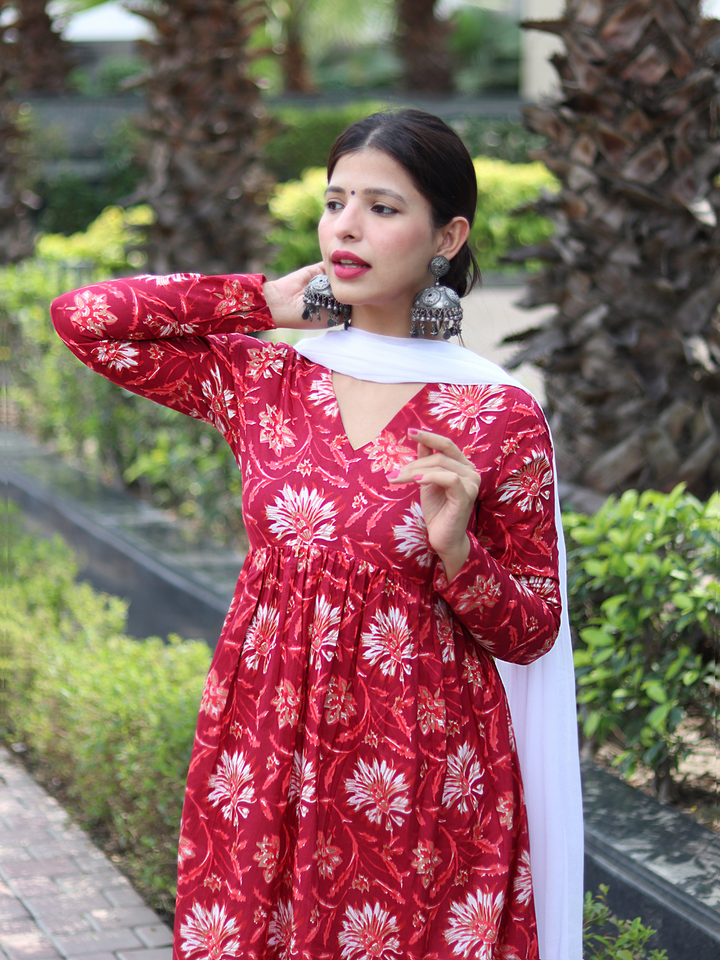 RED COTTON FLORAL SUIT SET