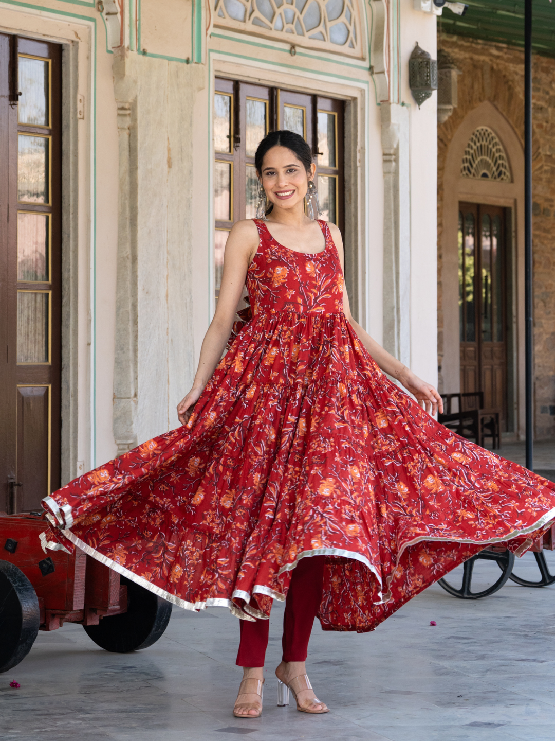 RED BLOSSOM COTTON ANARKALI SUIT SET