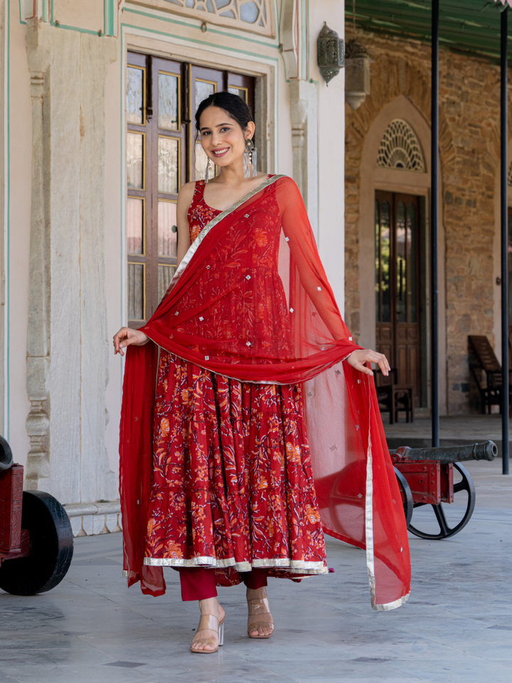 RED BLOSSOM COTTON ANARKALI SUIT SET