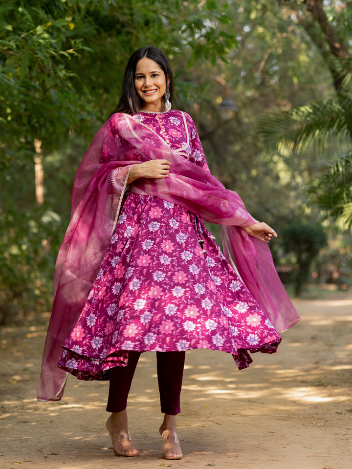 WINE-HUED FLORAL ANARKALI SUIT SET