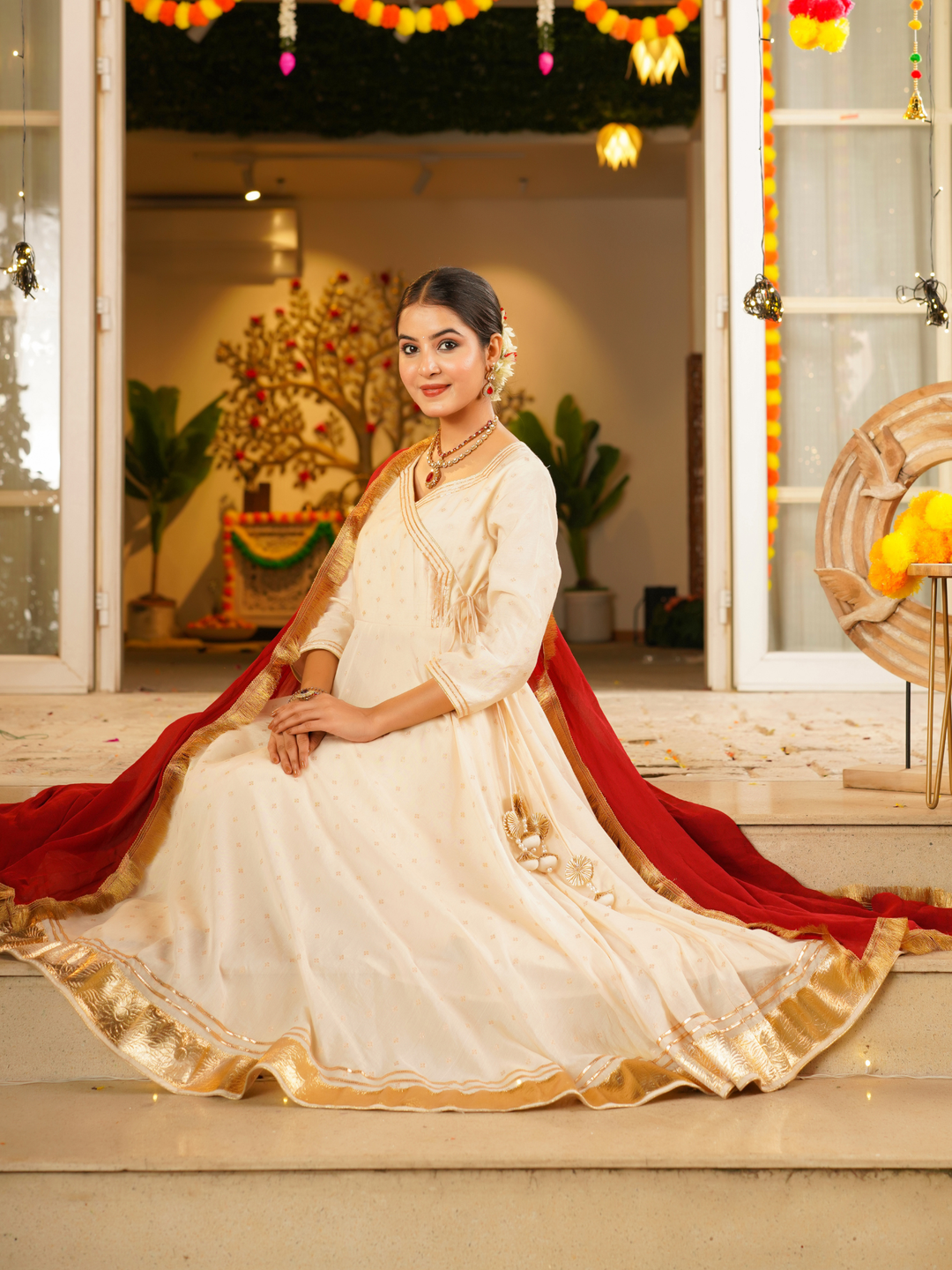 GLOWRA CREAM CHANDERI ANARKALI SET