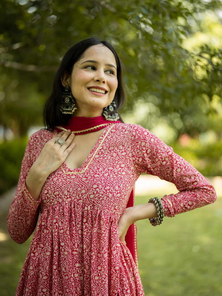 PINK COTTON FLARED KURTA SET