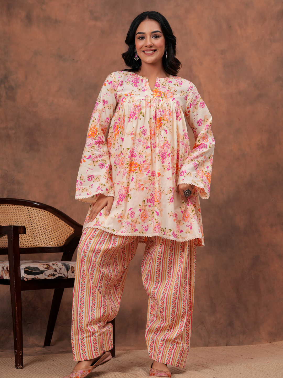 PEACH FLORAL ANARKALI FARSI SET