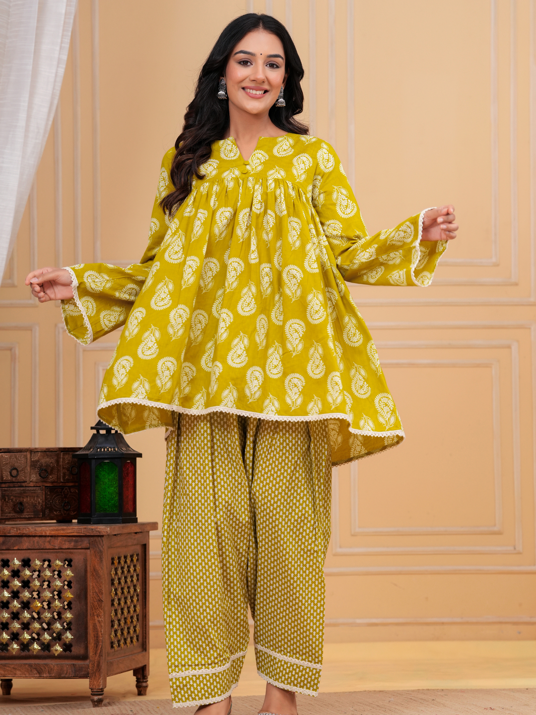 GREEN PRINTED ANARKALI FARSI SET