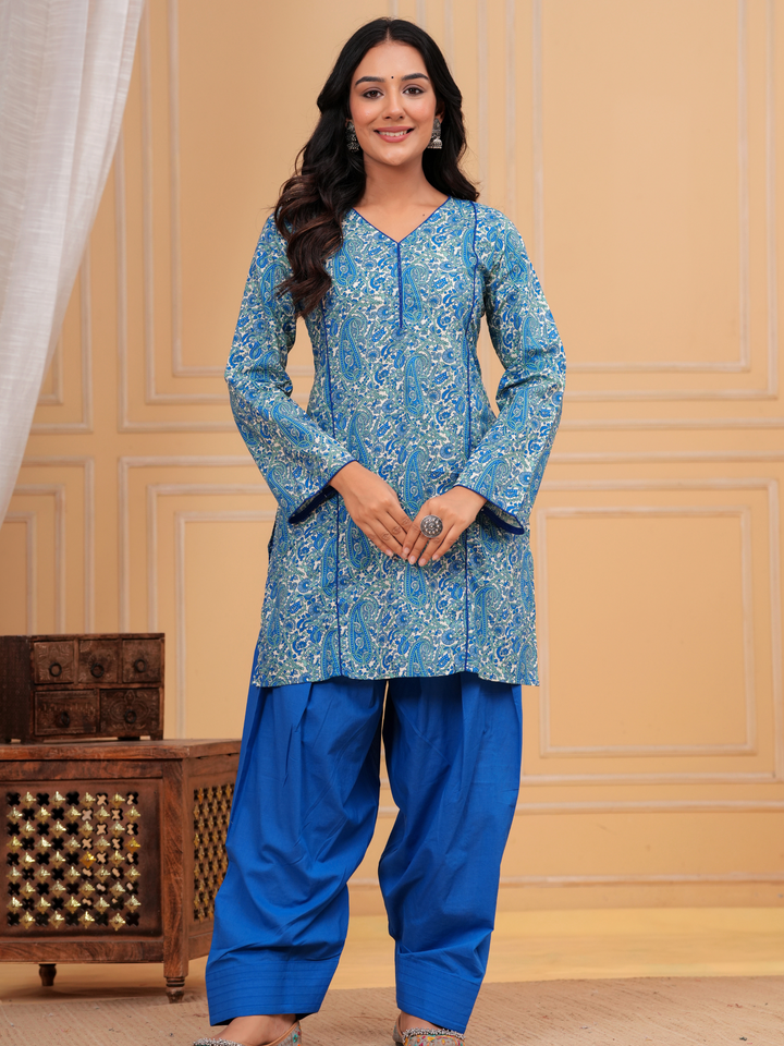 BLUE PAISELY PRINTED FARSI SET