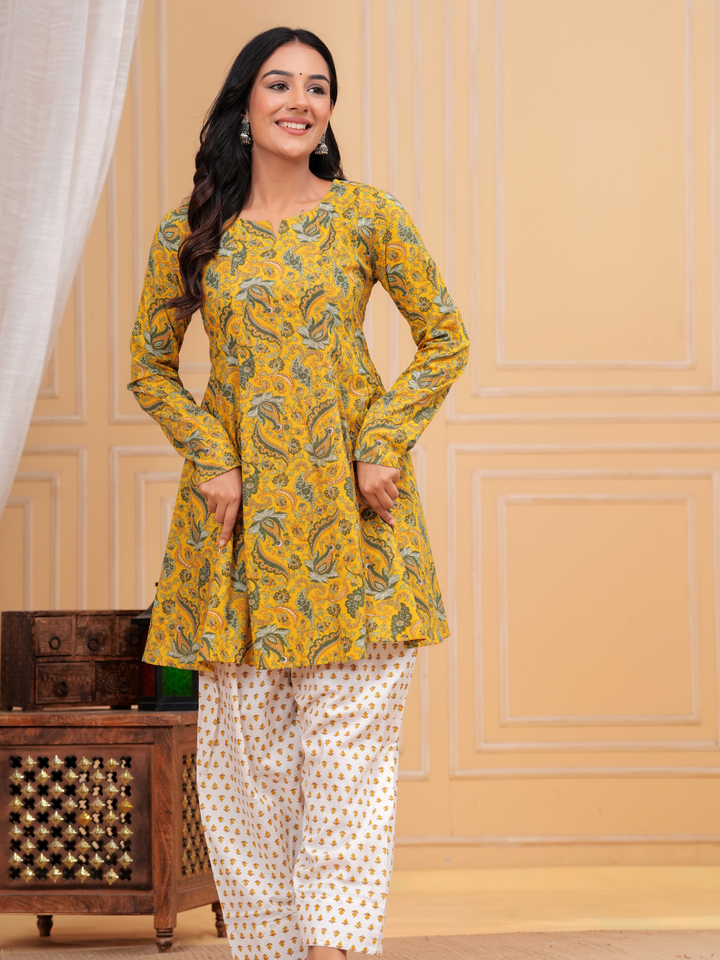 MUSTARD FLORAL ANARKALI FARSI SET