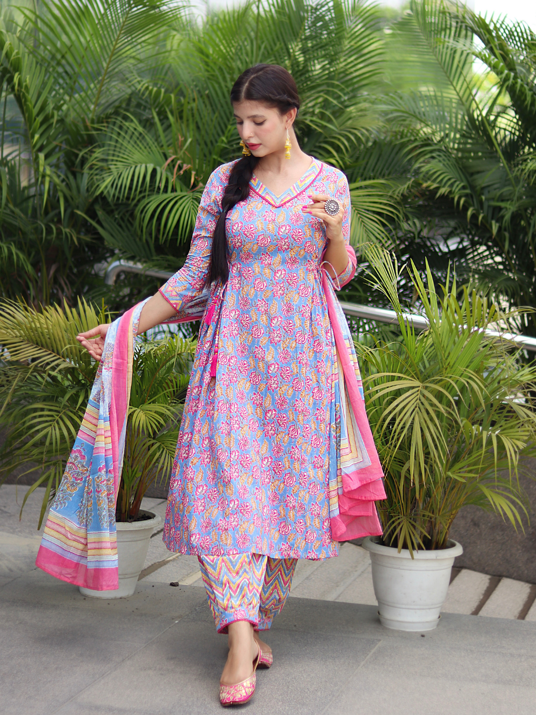 PINK COTTON ANARKALI SUIT SET