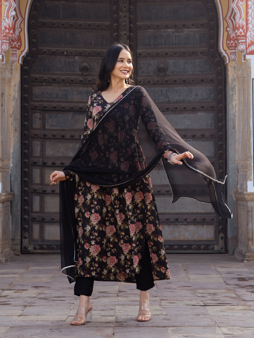 BLACK FLORAL KURTA SET