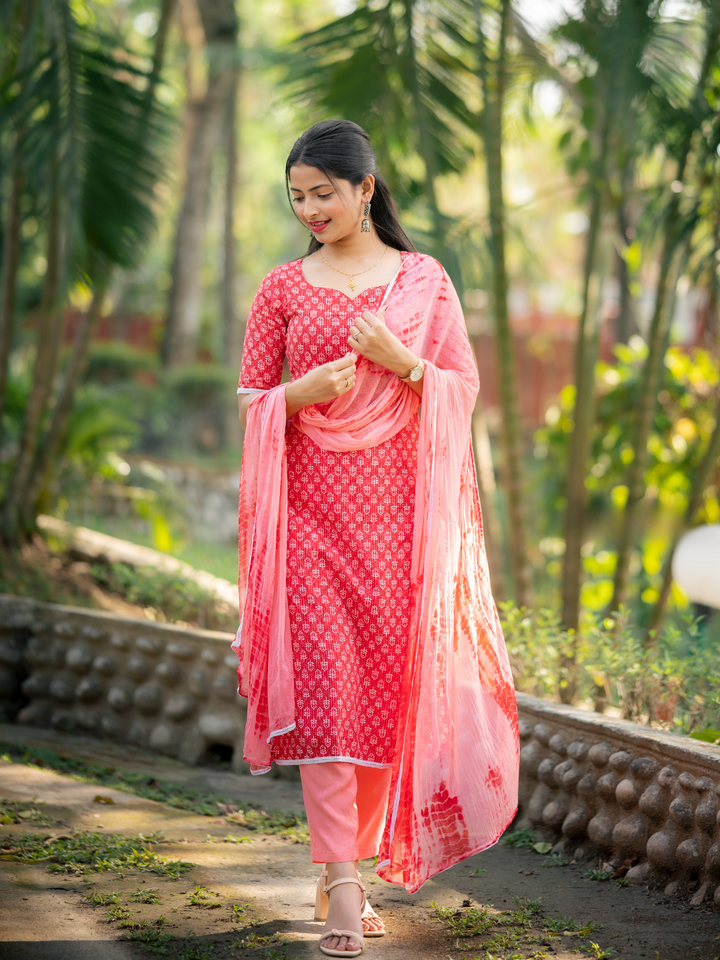 RED COTTON KANTHA KURTA SET