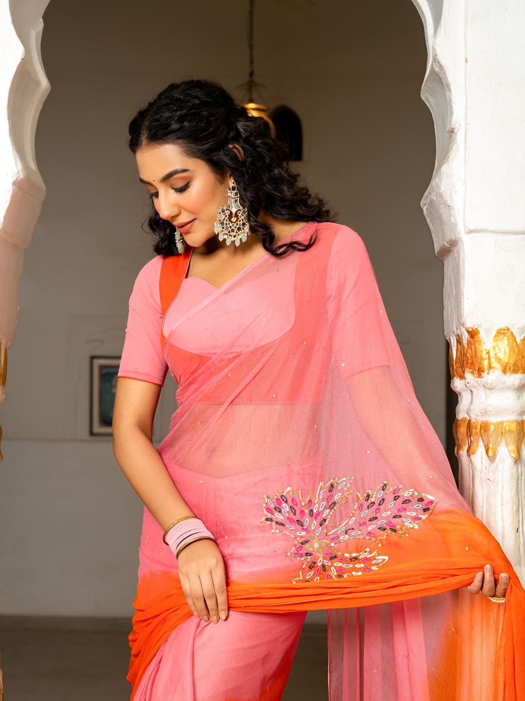 RANGRATAN BEADS WORK CHIFFON SAREE