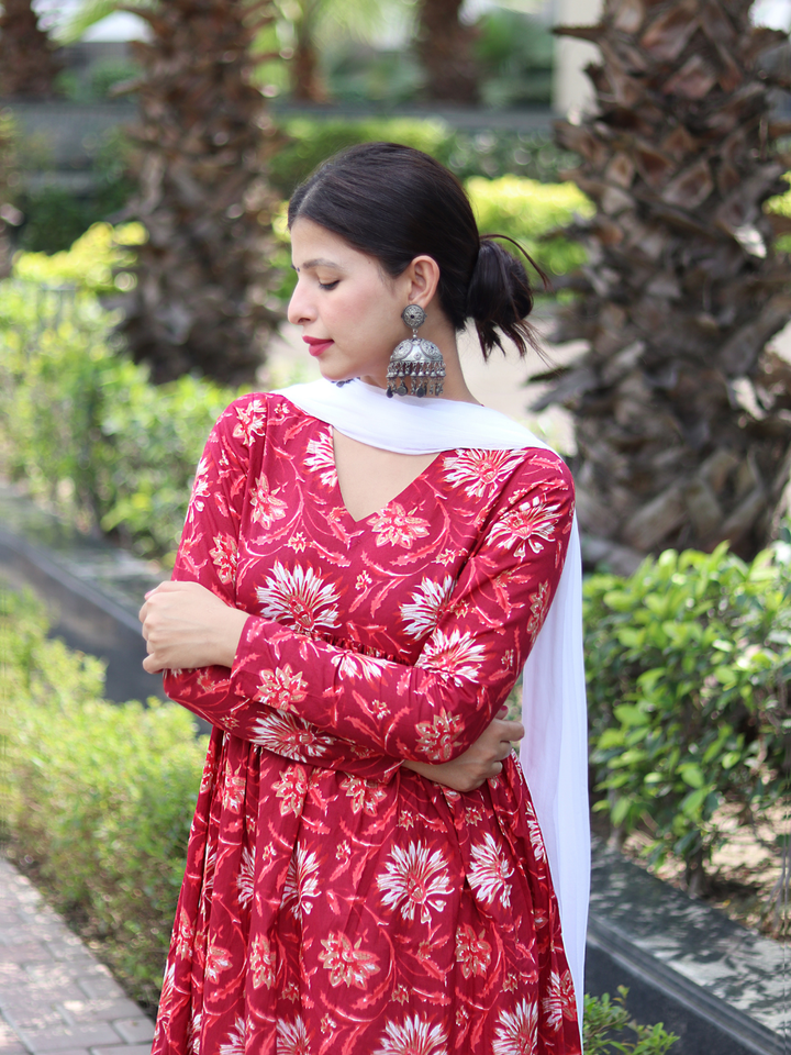 RED COTTON FLORAL SUIT SET