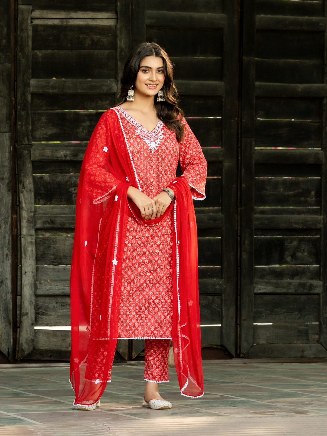 RED EMBROIDERED KANTHA KURTA SET