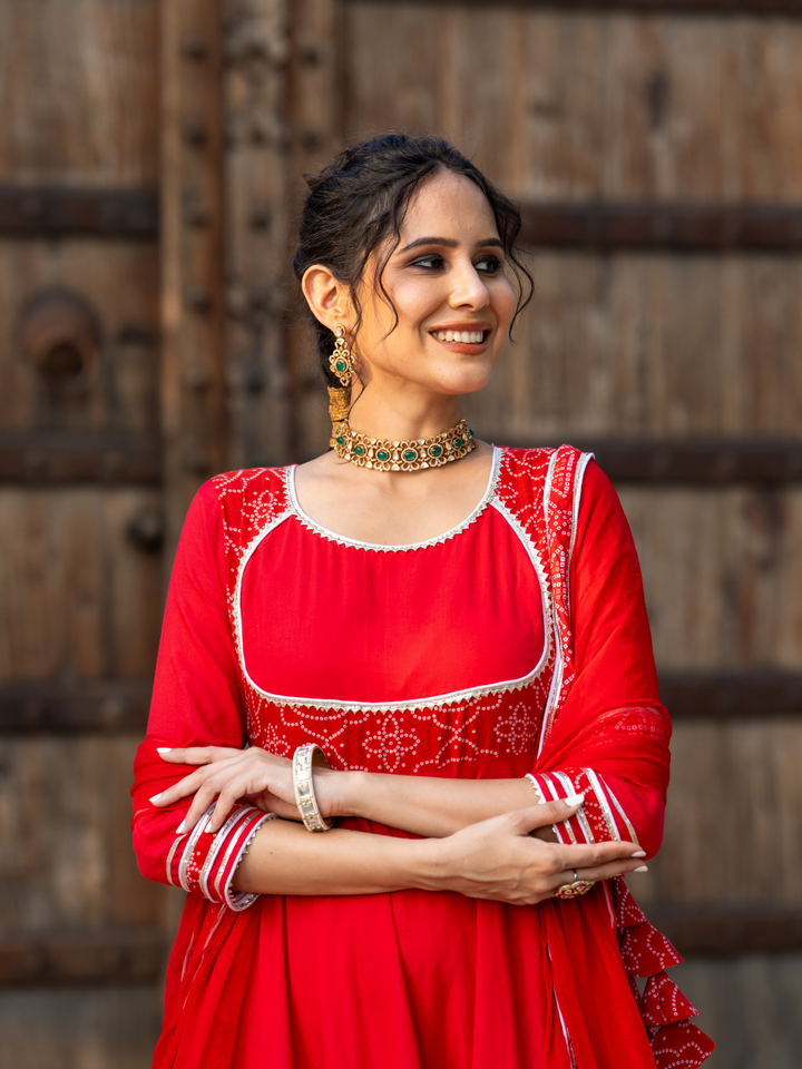 RADIANT RED BANDHANI ANARKALI SET