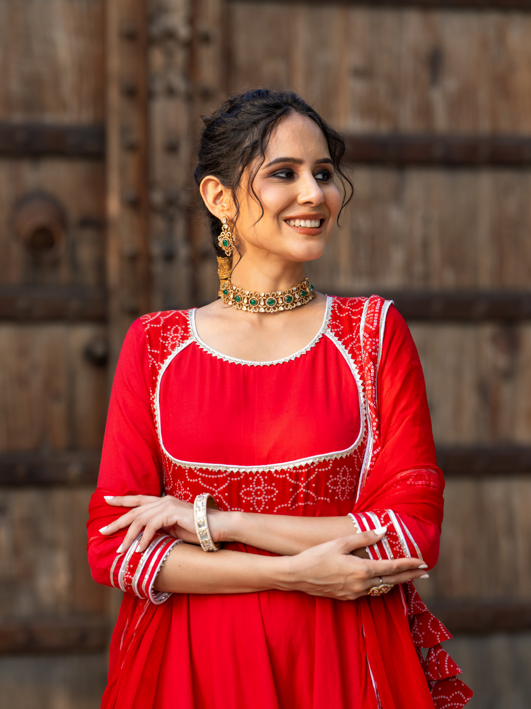 RADIANT RED BANDHANI ANARKALI SET – GAYRAA