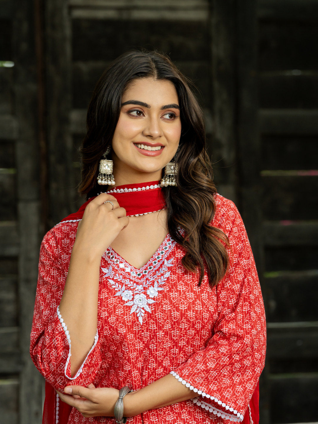RED EMBROIDERED KANTHA KURTA SET