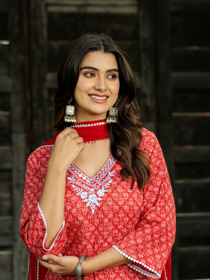 RED EMBROIDERED KANTHA KURTA SET