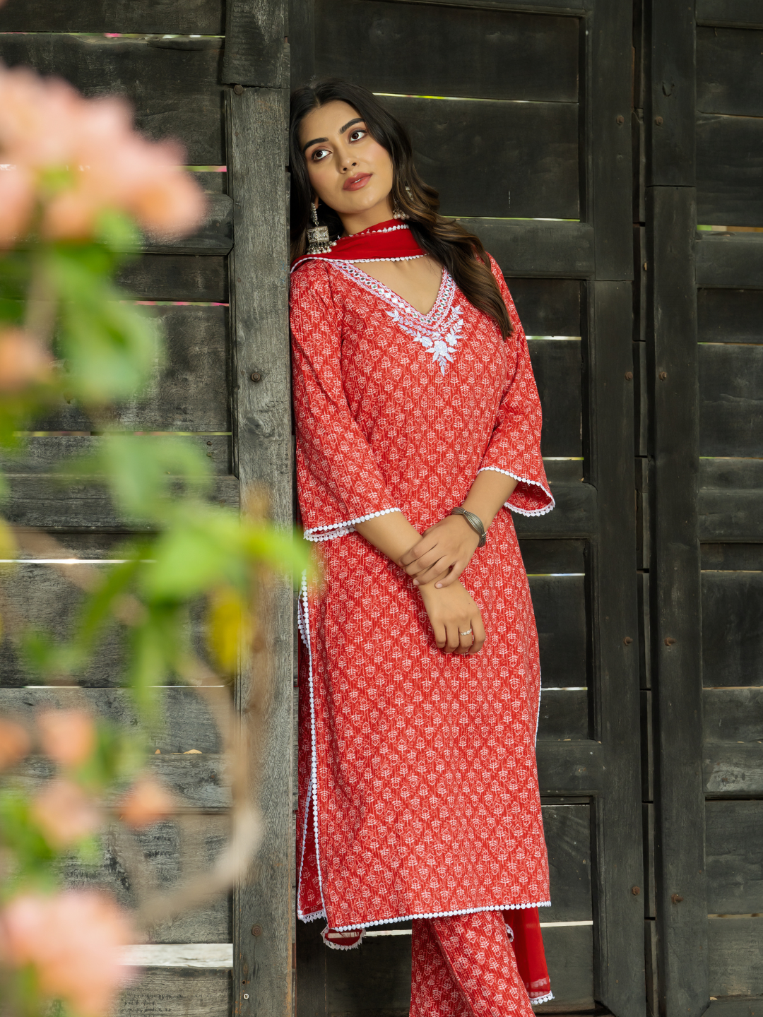 RED EMBROIDERED KANTHA KURTA SET