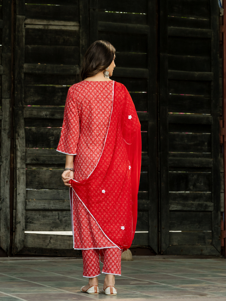 RED EMBROIDERED KANTHA KURTA SET