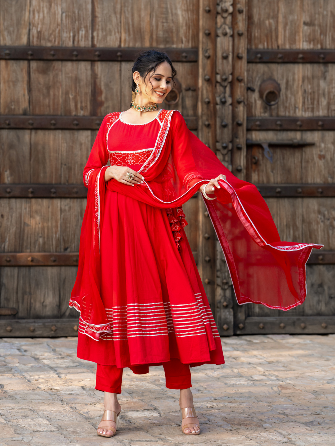 RADIANT RED BANDHANI ANARKALI SET