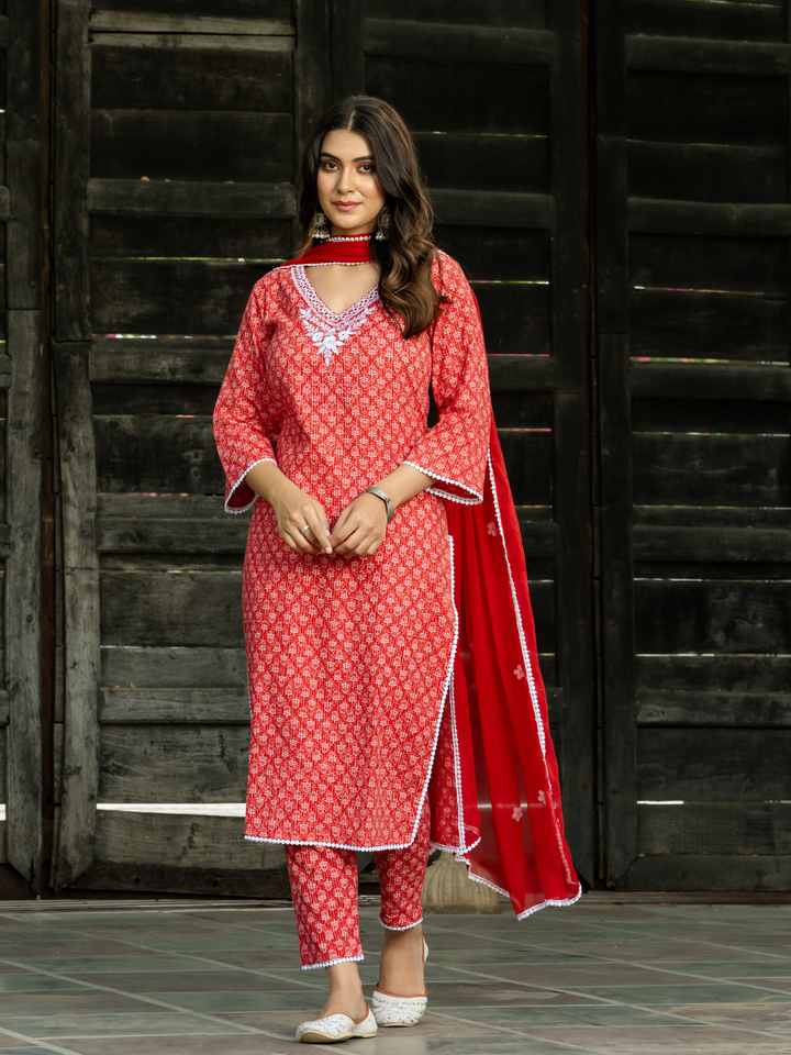 RED EMBROIDERED KANTHA KURTA SET