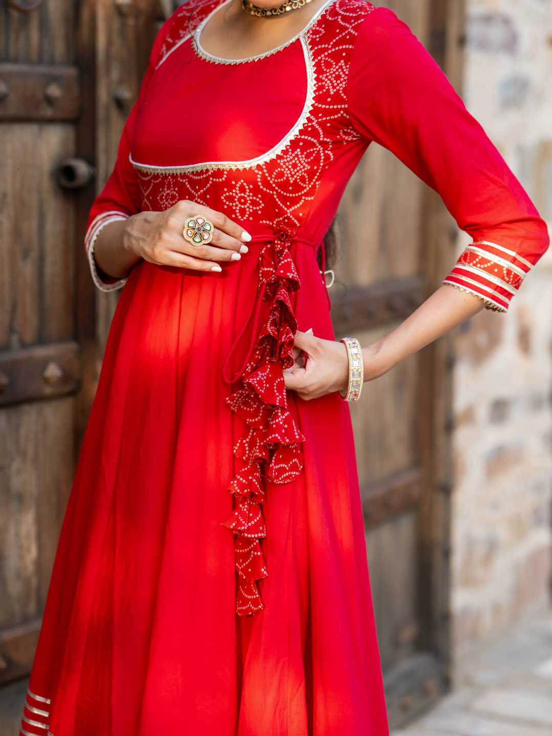 RADIANT RED BANDHANI ANARKALI SET