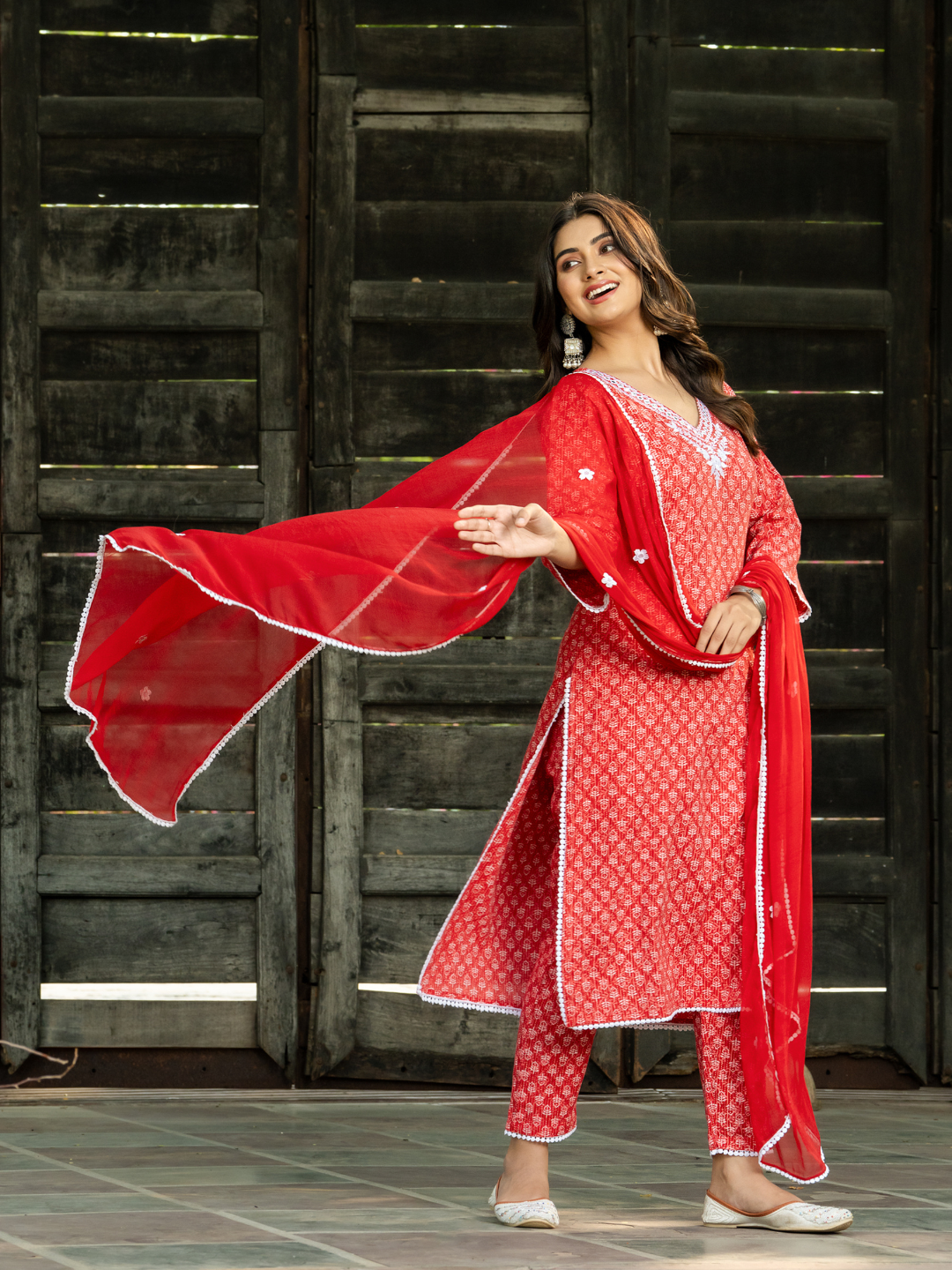 RED EMBROIDERED KANTHA KURTA SET