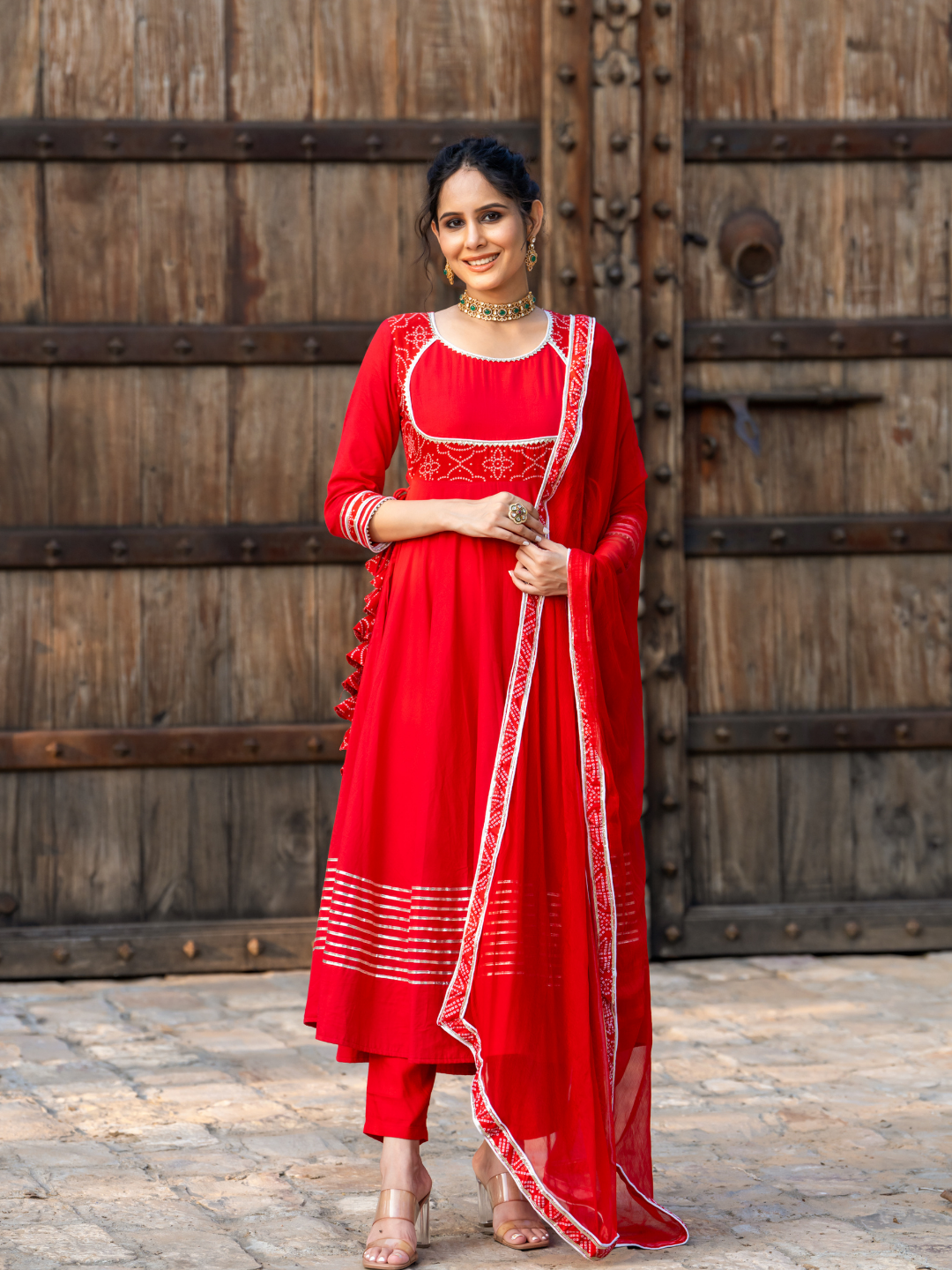 RADIANT RED BANDHANI ANARKALI SET