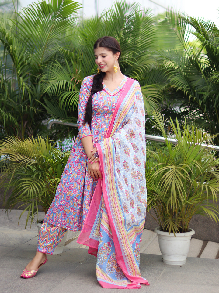 PINK COTTON ANARKALI SUIT SET