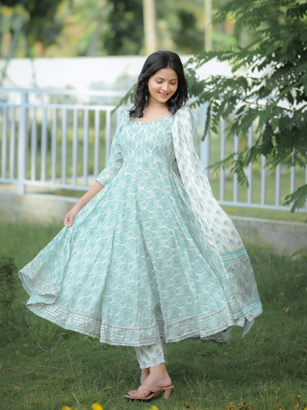 GREEN PRINTED GOTA SUIT SET