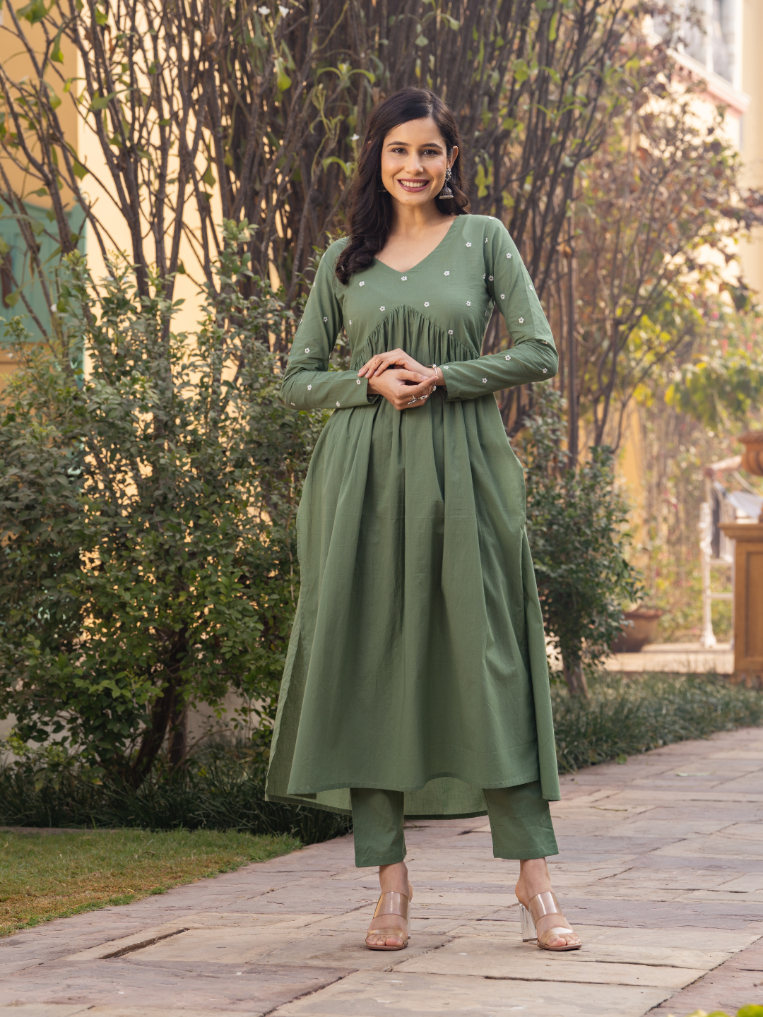 OLIVE EMBROIDERY KURTA SET