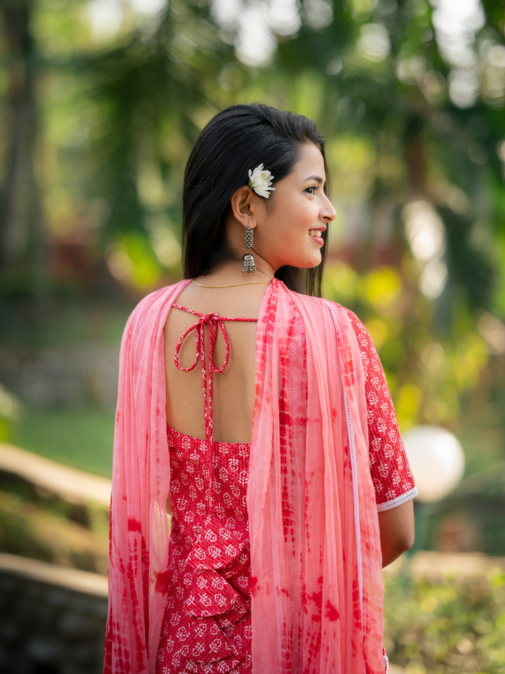 RED COTTON KANTHA KURTA SET