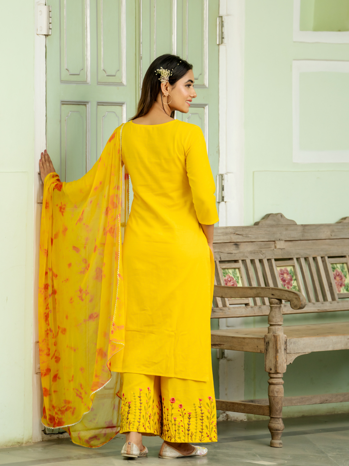 BRIGHT MUSTARD EMBROIDERY PALAZZO SET