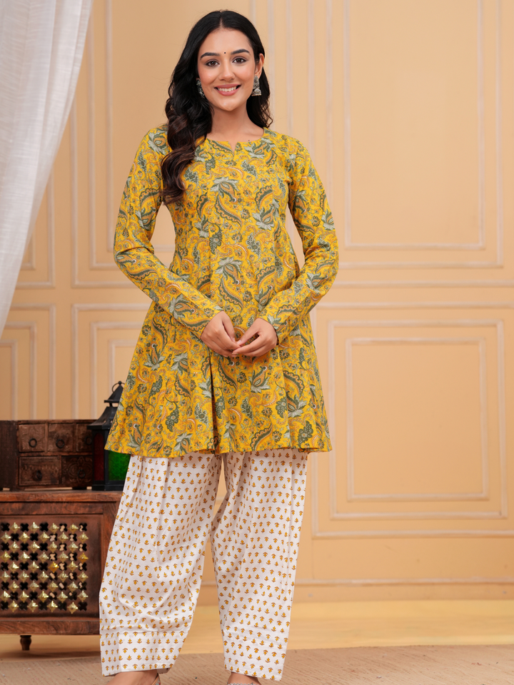MUSTARD FLORAL ANARKALI FARSI SET
